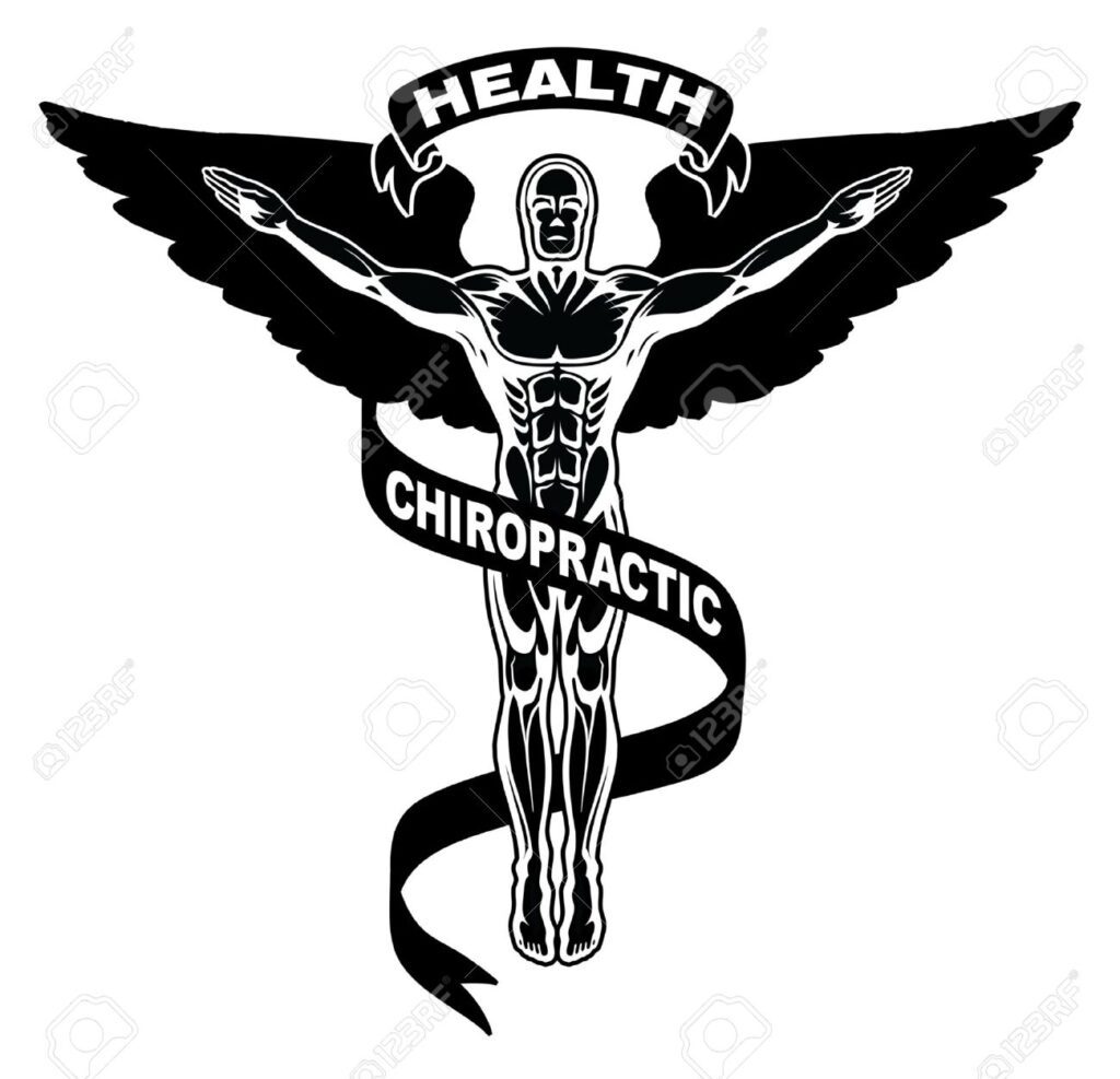 A black and white illustration of a chiropractor.