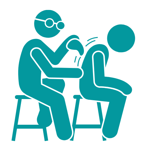 A blue silhouette of two people sitting on stools