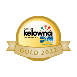 A gold medal with the best of kelowna presented by secure elite.